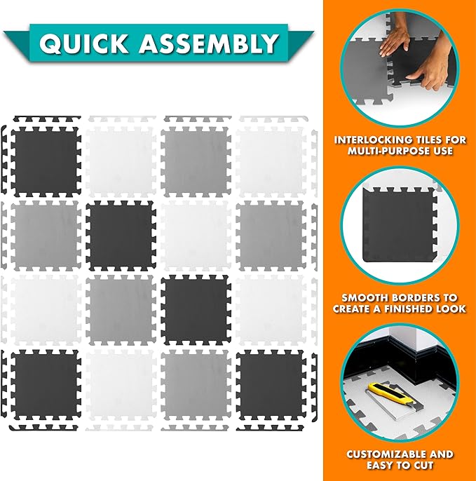 ProSource Foam Puzzle Floor Play Mat for Kids and Babies with Solid Colors, 36 or 16 Interlocking Tiles with Borders, Black/Grey/White