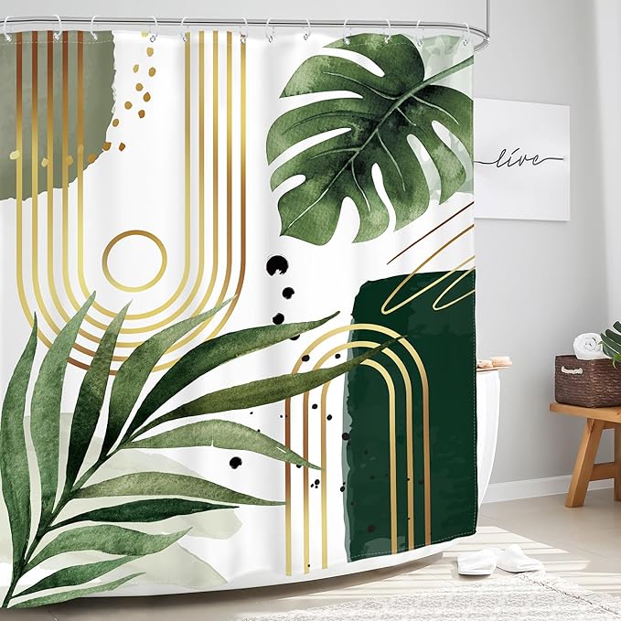 Glawry Green Gold Boho Mid Century Shower Curtain Abstract Tropical Plant Minimalist Modern Geometric Palm Leaf Arch Bathroom Simple 60Wx72L Inches Bath Accessories Art Home Decor Fabric 12 Pack Hooks