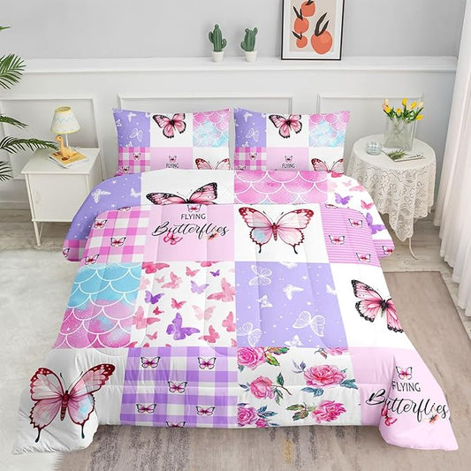 Kids Comforter Set Mermaid Scale Butterfly Printed Pattern Bedding Set with 1 Comforter and 2 Pillowcases for Girls Boys Bedroom All Season(Mermaid1 Queen)