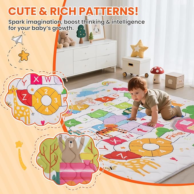 Baby Play Mat for Floor,71x59 Inch Soft Padding Crawling Mat for Playpen, Foldable and Machine Washable, Thick for Babies & Toddlers,Animal School