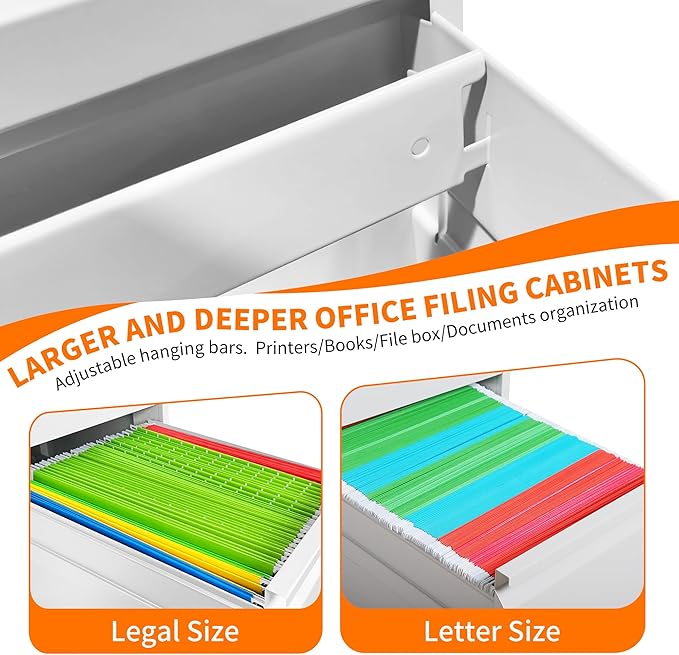 3 Drawer File Cabinet with Lock,White Metal Filing Cabinets Heavy Duty Locking Vertical File Cabinet Home Office Steel Storage Cabinet for Legal/Letter Size File,Assembly Required