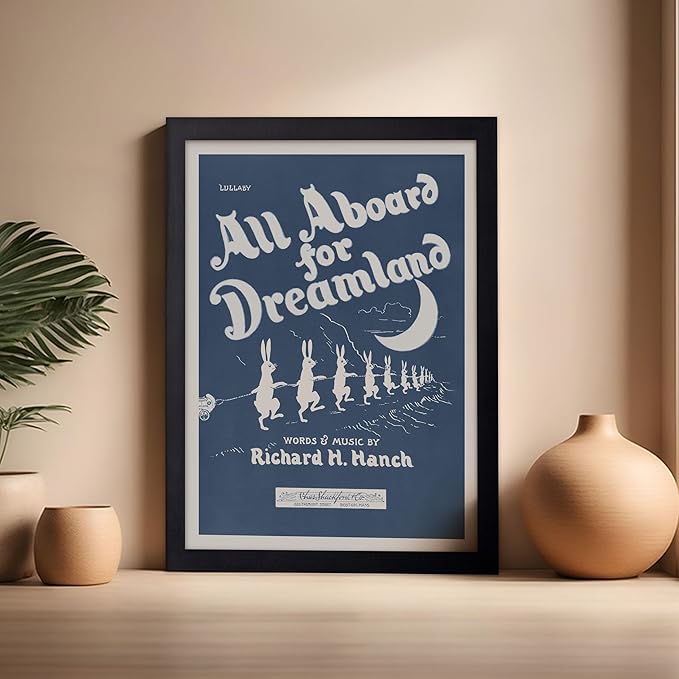 Poster Master All Aboard For Dreamland Poster - Retro Children's Lullaby Print - Story Book Art - Bunny Art - Rabbit Art - Aesthetic Art - Kid's Bedroom or Nursery Wall Decor, 16x20 Black Framed