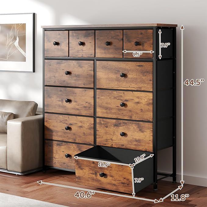 Dresser for Bedroom with 12 Drawers Tall Dressers for Bedroom Fabric Dressers & Chest of Drawers with Sturdy Metal Frame, Wood Top, for Woman, Closet, 40.6" W x 11.8" D x 44.5" H (Rustic Brown)