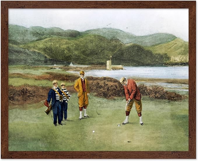 Poster Master The Putting Green Painting Poster - Golf Course Print - Golf Art - River Art - Sports Art - Landscape Art - Father's Day Art - Great Office or Living Room Decor, 8x10 Brown Framed