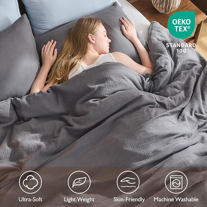 EMME Muslin Cotton Duvet Cover Set Dark Grey Twin Size Linen Like Soft Breathable Lightweight Summer Comforter Cover Set with Zipper Closure (Dark Grey, Twin, 68"x90")