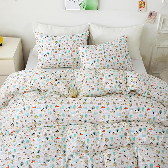 Ivellow Twin Duvet Cover for Kids Cartoon 100% Cotton Kids' Duvet Cover Sets Cottage Farm House Car Patterned Duvet Cover Ultra Soft Breathable Cute Toddler Bedding Set Zipper Closure Boys Girls Teens