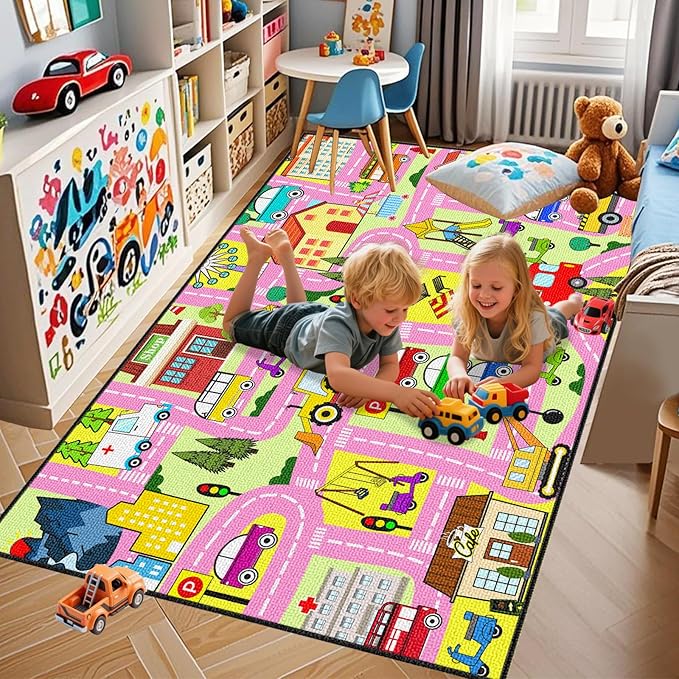 Car Track Rug - Car Rugs for Kids Toy Cars City Life Road Rug Large Kids Play Mat Car Carpet for Boys Girls Playroom Living Room Bedroom Classroom, 5'×7'