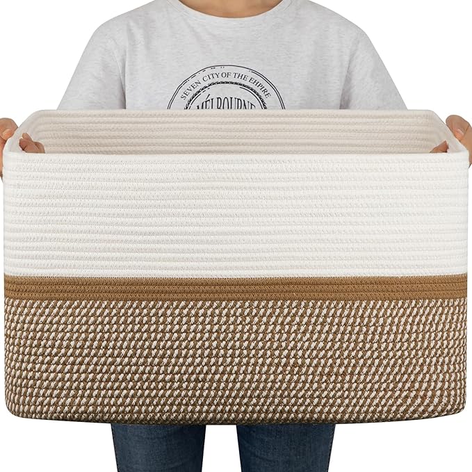 OIAHOMY Large Blanket Basket, 22”x17”x12” Rectangle Woven Baskets, Nursery Blanket Storage Living Room, Toy Storage with Handle, Large Baskets for Organizing-Yellow/White