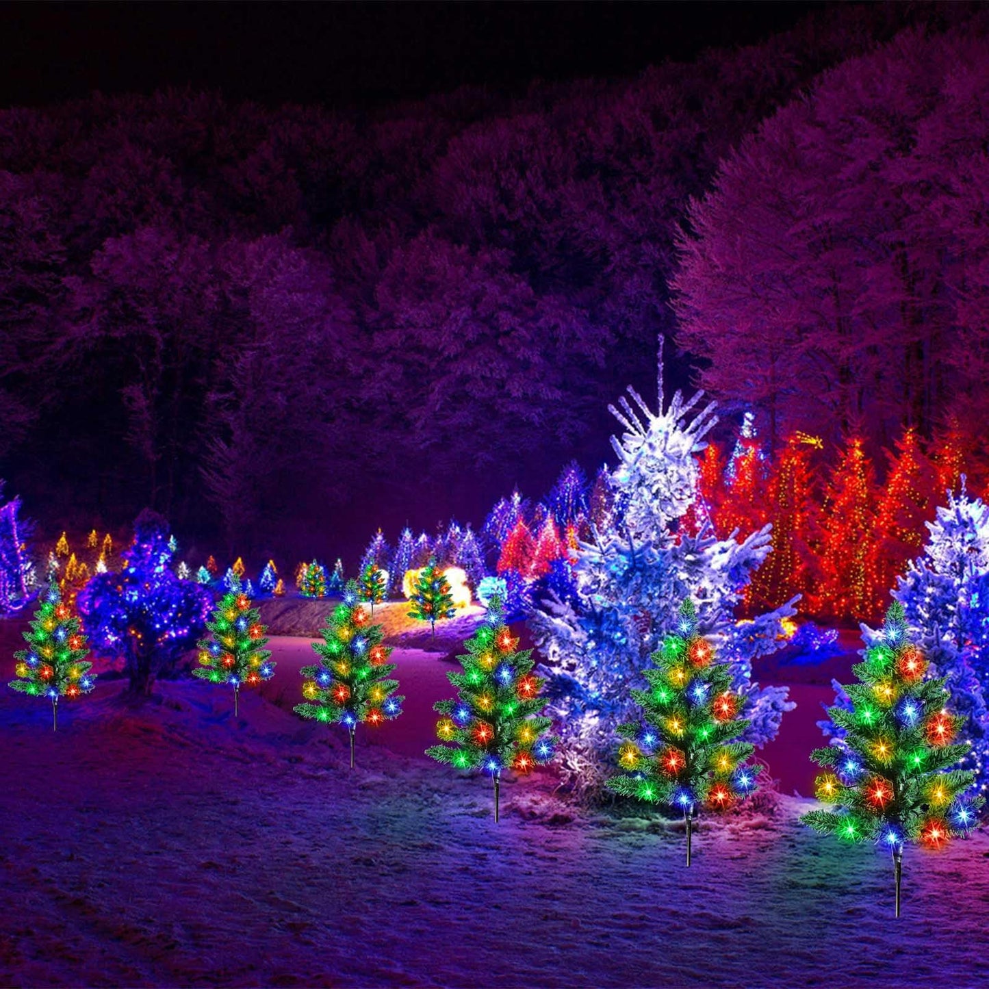 Homeleo 6-Pack Solar Small Christmas Trees for Outdoor Decorations, 120 LED Artificial Prelit Christmas Tree, Solar Powered Mini Xmas Tree with Lights for Outside Pathway Porch Yard Christmas Decor