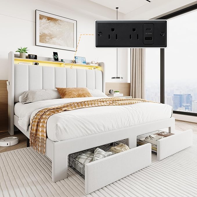 SHA CERLIN Velvet Queen Bed Frame with Vertical Channel Tufted Wingback Headboard & 2 Storage Drawers/2-Tier Shelves with LED Lights & Charging Station/Noise-Free/No Box Spring Needed/White