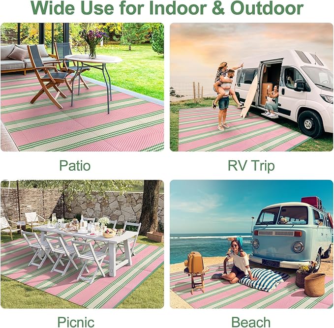 Lahome Striped Outdoor Rug 8x10 Patio Waterproof, Reversible Outdoor Plastic Straw Rug for Camping, RV Patio Rugs Outside Large Carpet for Porch Deck Backyard Picnic(Pink/Green,8'x 10')