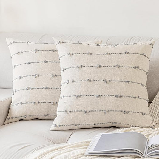 Boho Throw Pillow Covers 16x16 Set of 2 Modern Farmhouse Decorative Cushion Case Tufted Square Pillows Cover Neutral Pillow Cases Accent Pillowcase for Sofa,Couch,Bed,Beige and Grey