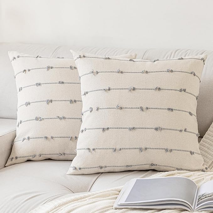 Boho Throw Pillow Covers 18x18 Set of 2 Modern Farmhouse Decorative Cushion Case Tufted Linen Square Pillows Cover Neutral Pillow Cases Accent Pillowcase for Sofa,Couch,Bed,Beige and Grey