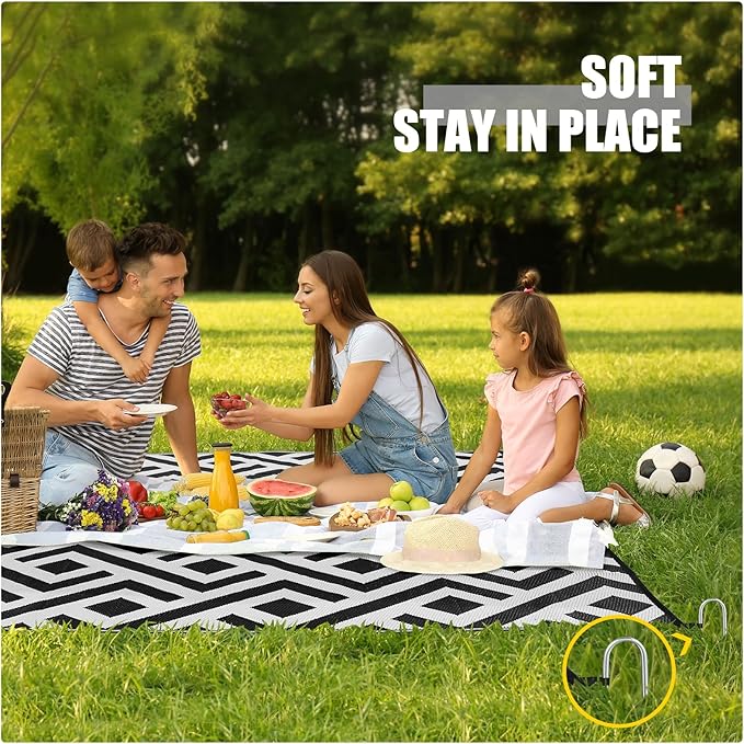 Terrug Outdoor Rug Waterproof 4x6 Ft, Foldable Outdoor Plastic Straw Rug, UV Reversible Patio Rug Decor, Outdoor Area Rug for Camping, RV, Porch, Deck, Backyard, Balcony, Picnic, Black & Light Grey