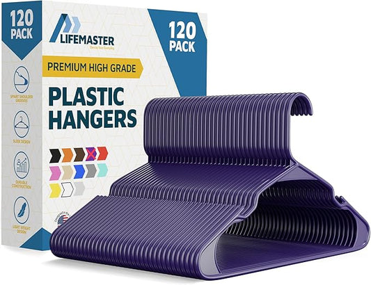 Plastic Clothes Hangers – Heavy Duty Hanger Set, for Organizing Clothes, Dresses, and Coat, Holds Up to 5 lbs, Space-Saving Hangers with Non-Slip Shoulder Grooves, Pack of 120, Purple