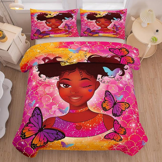 Tailor Shop Kawaii African American Black Girl Comforter Set Pink and Red Bedding Sets for Girls Kids Cute Magic Black Girl Bedding Set Mermaid Butterfly Comforter Queen Size with 2 Pillowcase…