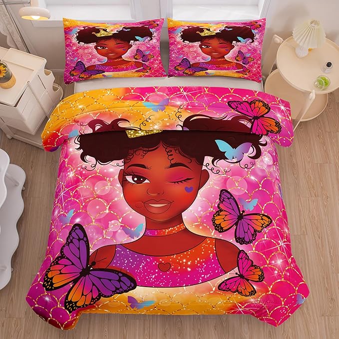 Tailor Shop Kawaii African American Black Girl Comforter Set Pink and Red Bedding Sets for Girls Kids Cute Magic Black Girl Bedding Set Mermaid Butterfly Comforter King Size with 2 Pillowcase…