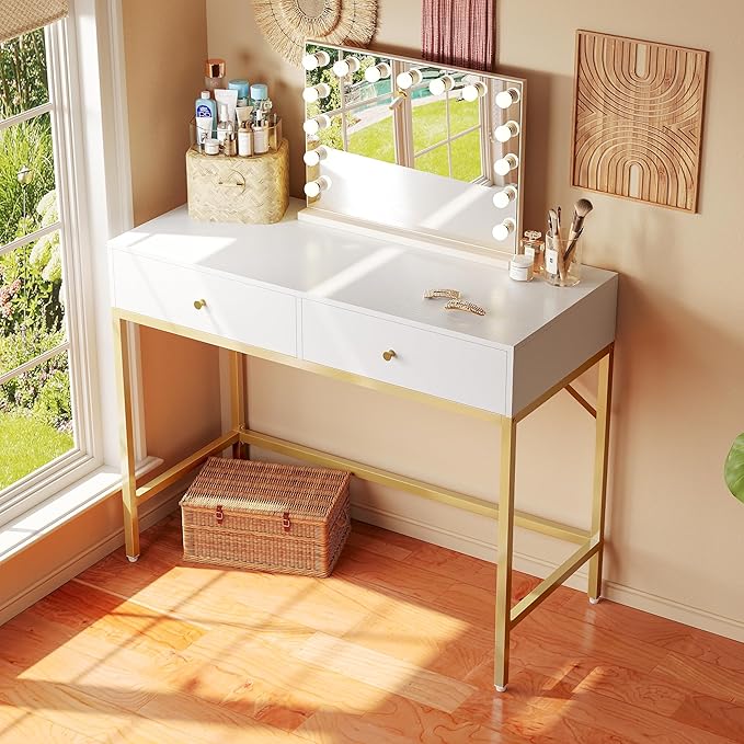 SUPERJARE 31.5" White and Gold Desk with 2 Drawers, Modern Vanity Desk, Small Makeup Table for Home Office Writing Study Bedroom