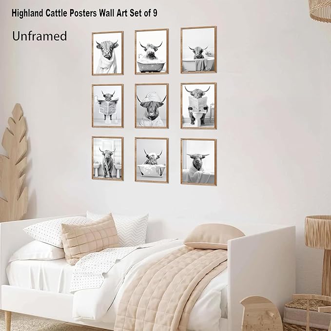 SEHSUVC Funny Bathroom Cow Posters Wall Art Set of 9, Black and White Highland Cow Canvas Wall Decor Painting, Humor Animals Pictures Prints for Bedroom Bathroom Childrenroom 8x10In Unframed