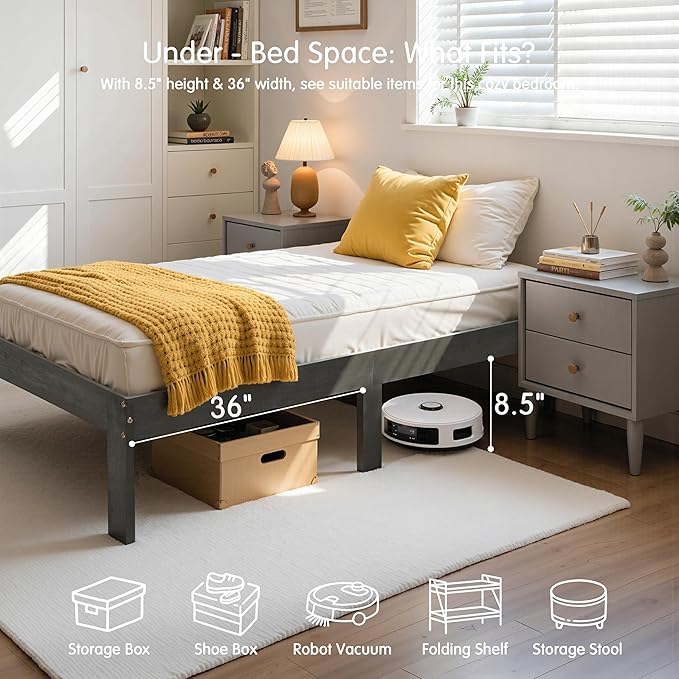 Hokway Wood Queen Bed Frame-No Wobble,Noise-Free,Easy Assembly with Precise Holes,12 in Wood Slat Support,No Box Spring Needed,Dark Gray