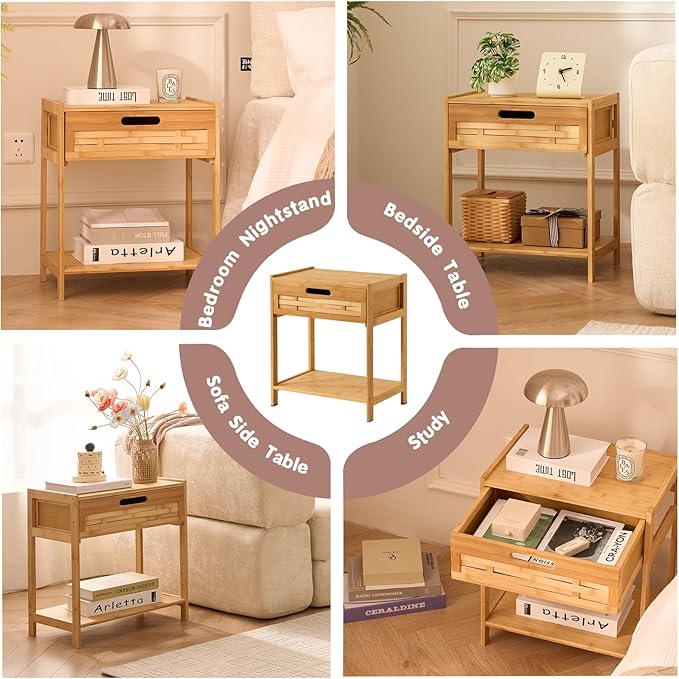 Bamboo Night Stand Bedside Table- Bed Side Table with Drawers, Small Nightstand for Bedroom, Dorm, Sofa, Easy Assembly, Rustic Bedside Tables Multi Small Space Furniture