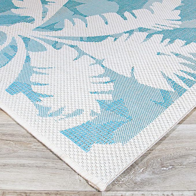 Couristan Monaco Indoor Outdoor Area Rug – Coastal Flora 8'6" x 13' in Ivory Turquoise – Flatwoven, Hose Washable, Pet Friendly Rug for Patio, Porch and Home Decor