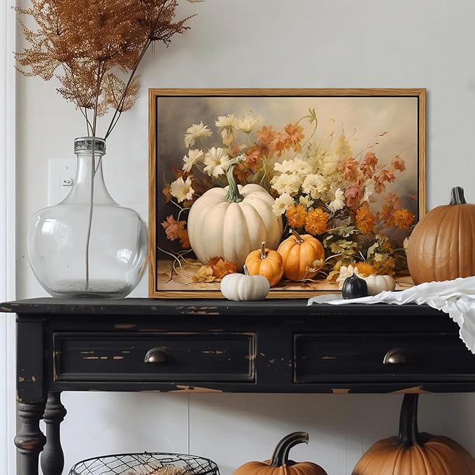 Framed Fall Pumpkin Canvas Wall Art - Farmhouse White & Orange Pumpkins Still Life Pictures Prints, Autumn Halloween Thanksgiving Wall Decor for Living Room Kitchen 12x16 inch