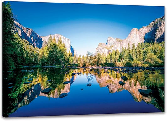 SKASNFAI Yosemite National Park Canvas Wall Art Forest Artwork Blue Lake Picture Prints Framed Home Decor for Bedroom Living Room (16x24 inch)