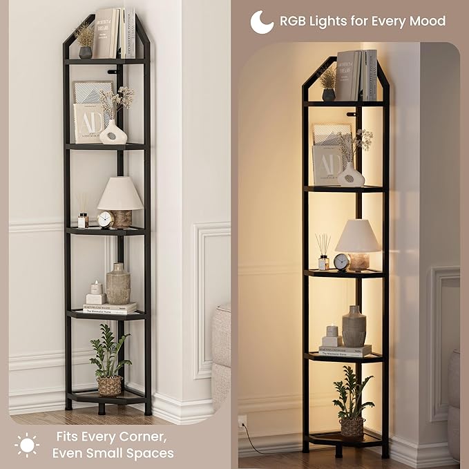 5-Tier Corner Shelf | 70 Inch Tall Bookshelf & Plant Stand, Heavy Duty Storage for Home Office & Living Room - Black