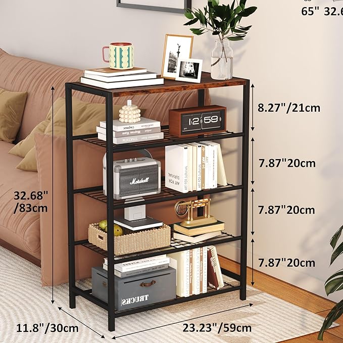 Yusong Shoe Rack Organizer, 5 Tier Industrial Shoe Storage Shelf, Narrow Sturdy Metal Shoe Shelves for Closet Entryway, Rustic Brown