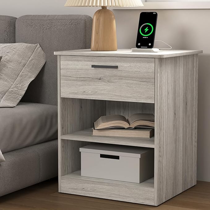 Night Stand with Charger Station, Modern Nightstand with USB Type-C Ports and AC Outlets, Large Bedside Table with Drawer and Open Storage, Wooden End Table for Bedroom (Grey, 1 Drawer)