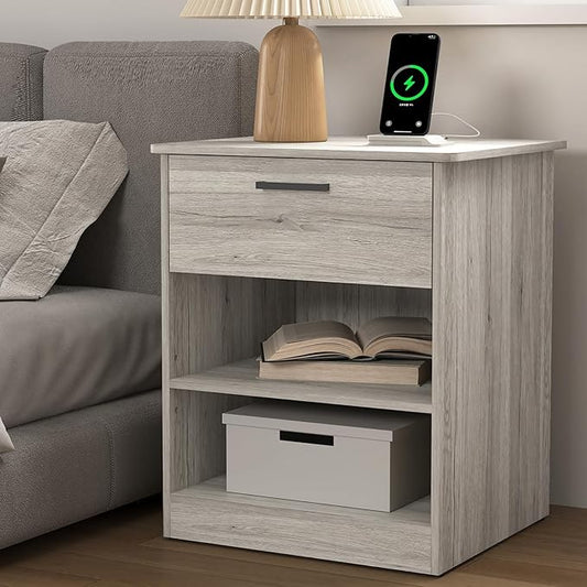Night Stand with Charger Station, Modern Nightstand with USB Type-C Ports and AC Outlets, Large Bedside Table with Drawer and Open Storage, Wooden End Table for Bedroom (Grey, 1 Drawer)