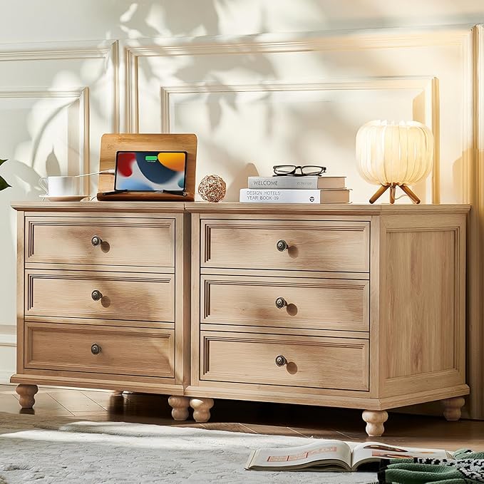 Farmhouse Nightstand Set of 2 with Charging Station, 24" Wide End Table with 3 Drawers,Dresser for Bedroom,Bed Side Table Chest of Drawers Cabinet,Wood Natural Night Stand for Living Room