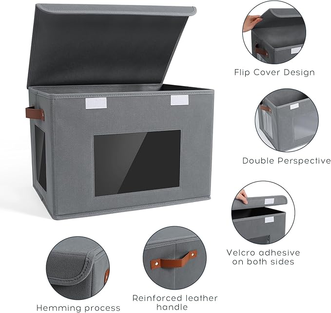 Storage Bins for Clothes, 40L Large Collapsible Stackable Closet Organizer Containers, Storage Boxes with Lids,Storage Cube Basket, Clear Windows & PU Leather Handles, Pack of 3, 17x12x12 Inch