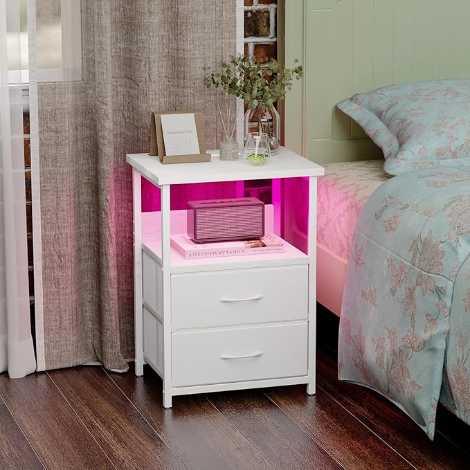 Fixwal Nightstand Set of 2 Night Stand with Charging Station, LED Nightstand with Fabric Drawers, End Table with PU Finish, Bed Side Table, White