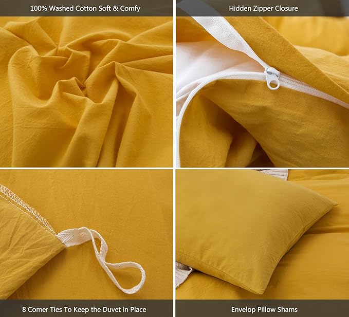 MooMee Bedding Duvet Cover Set 100% Washed Cotton Linen Like Textured Breathable Durable Soft Comfy (Solid Yellow, Cal King 104"x98")