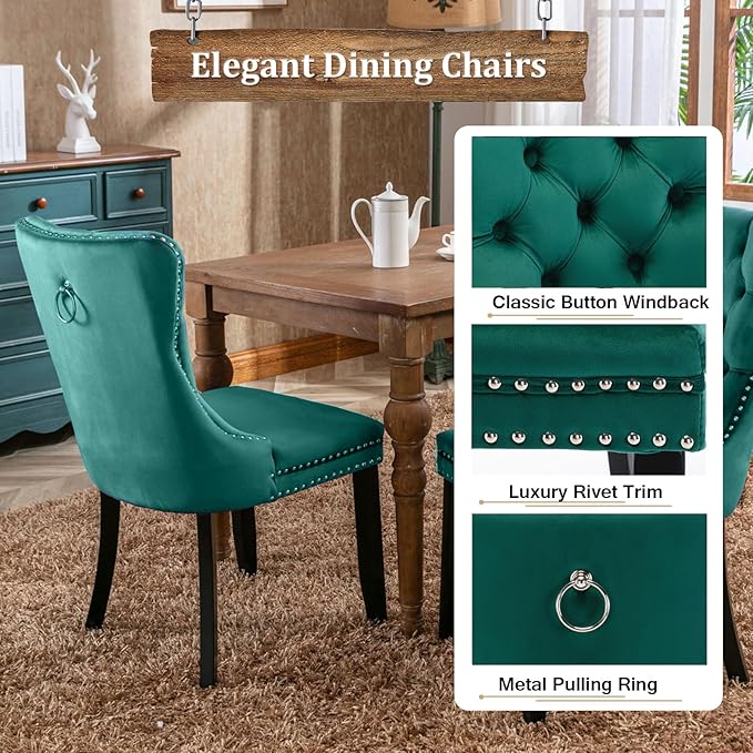 Goujxcy 78.7" Farmhouse Extendable Dining Room Table Set for 6, 7-Piece Rectangle Kitchen Dining Room Table Set with Wood Base and 6 Green Velvet Dining Chairs, Extending Kitchen & Dining Table Set
