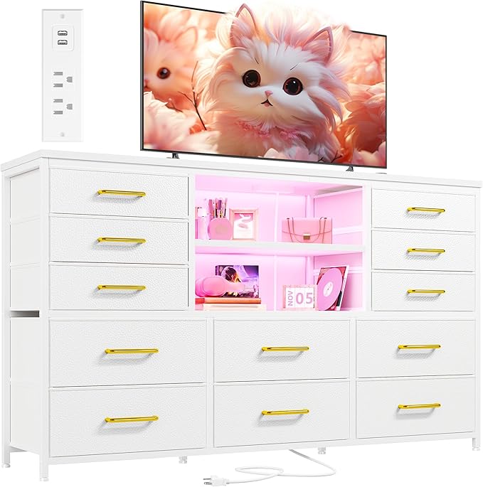 EnHomee White Dresser for Bedroom with 12 Drawers, Fabric Bedroom Dresser with LED Lights & Power Outlets Long Dressers & Chest of Drawers, Sturdy Metal Frame for Closet, Living Room, Hallway