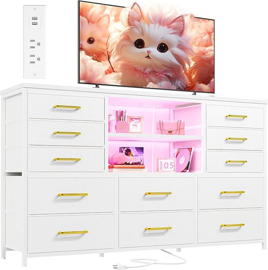 EnHomee White Dresser for Bedroom with 12 Drawers, Fabric Bedroom Dresser with LED Lights & Power Outlets Long Dressers & Chest of Drawers, Sturdy Metal Frame for Closet, Living Room, Hallway