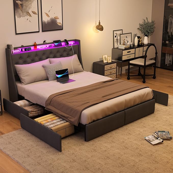 SADENICEL Queen Bed Frame with Storage Headboard and 4 Drawer, Metal Platform Bed Frame Queen Size with LED Light, Charging Station, No Box Spring Needed, Noise Free, Easy Assembly, Grey