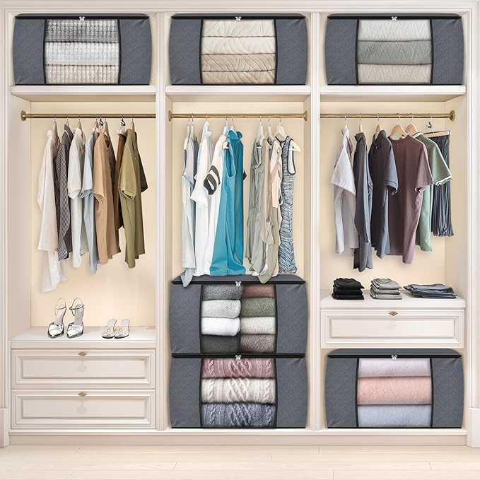 Fab totes 90L Clothes Storage, Foldable Thick Fabric Blanket Storage Bags, Containers for Organizing Bedroom, Closet, Clothing, Comforter, Organization with Handle (6 Pack,Grey)