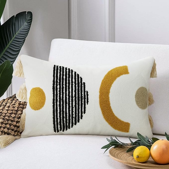 Merrycolor Boho Lumbar Throw Pillow Cover 12x20 Bohemian Tufted Decorative Pillow Covers with Tassels Mid Century Modern Aesthetic Throw Pillow Case for Couch Sofa Bedroom Living Room