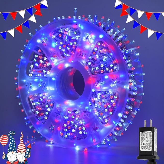 QITONG 500 LED Red White and Blue String Lights,165ft 4th of July Lights Plug in Outdoor Indoor, 8 Modes Clear Wire Patriotic Light for Independence Day Memorial Day Celebration Party Decor