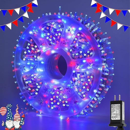 QITONG 500 LED Red White and Blue String Lights,165ft 4th of July Lights Plug in Outdoor Indoor, 8 Modes Clear Wire Patriotic Light for Independence Day Memorial Day Celebration Party Decor