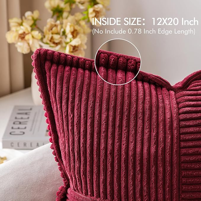MIULEE Christmas Decorative Lumbar Throw Pillow Covers for Couch Bed Livingroom 12x20 Inch Set of 2 Burgundy Boho Accent Throw Pllows Broadside Striped Patchwork Soft Corduroy Pillowcases