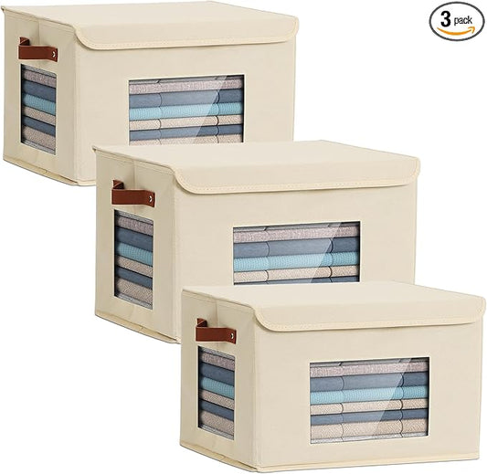 Storage Bins for Clothes, 40L Large Collapsible Stackable Closet Organizer Containers, Storage Boxes with Lids,Storage Cube Basket, Clear Windows & PU Leather Handles, Pack of 3, 17x12x12 Inch
