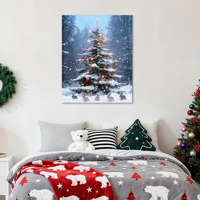 Framed Christmas Pictures Wall Decor,Vintage Pine Tree Prints,Winter Christmas Canvas Wall Art Decoration for Bedroom Bathroom Living Room Rustic Xmas Holiday Gifts (Christmas Tree 17, 16'' X 24'')