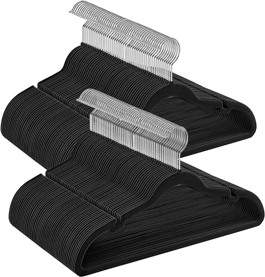 SONGMICS Velvet Hangers - 100 Pack, Non-Slip, Suit Hangers with Shoulder Notches, Pants Bar, 360 Swivel Hook, Space-Saving for Closet, Ink Black