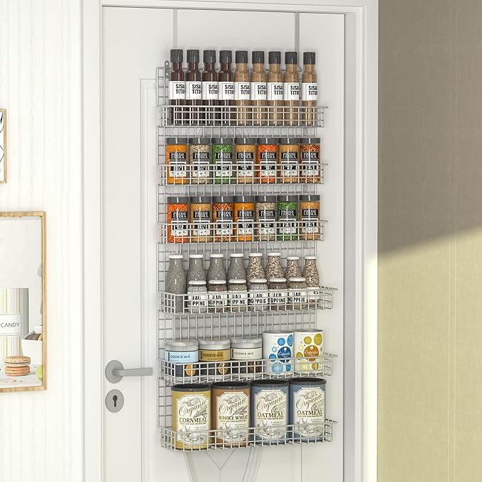 JKsmart Spice Rack Organizer 6-Tier Wall Mounted & Over the Door Spice Racks for Kitchen Pantry Bathroom,Two Size, Large Capacity, Silver