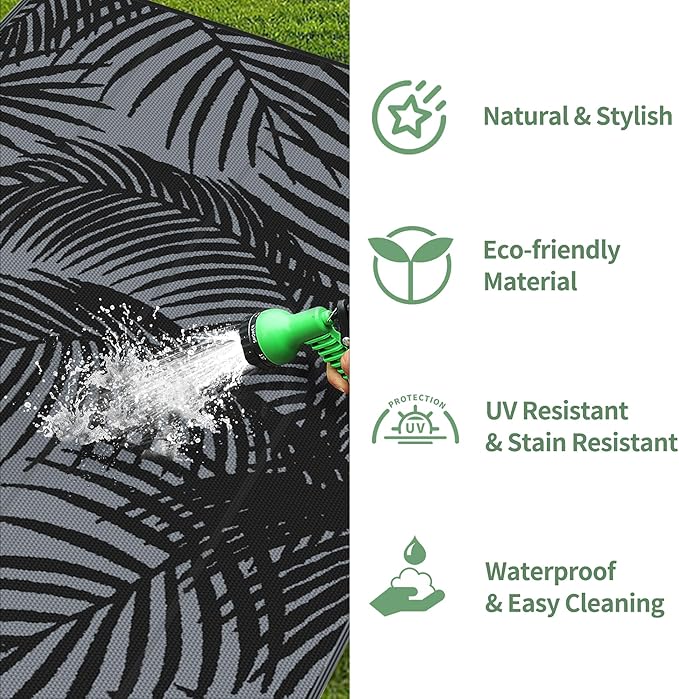 GENIMO Outdoor Rug 6' x 9' Waterproof for Patio Clearance, Reversible Plastic Straw Camping Carpet, Lightweight Mats for Rv, Backyard, Deck, Porch, Picnic, Beach, Balcony, Mix-Black & Gray